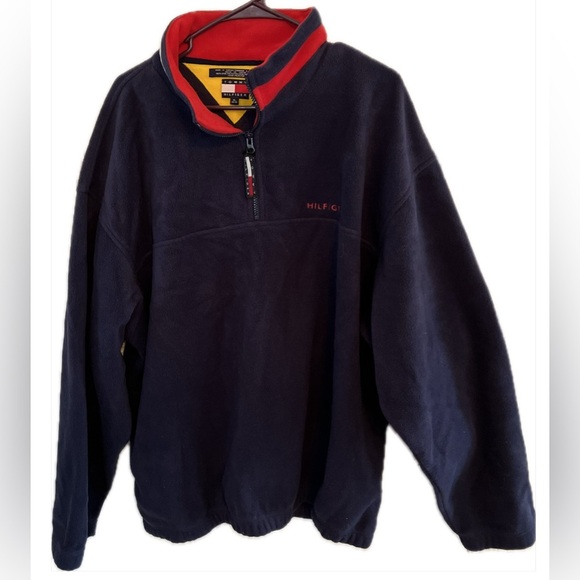 Tommy Hilfiger Navy Blue 1/4-Zip Fleece Sweatshirt Jacket Flag Collar Men's XL - Picture 1 of 8